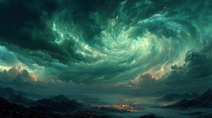 Fototapeta premium A painting depicts a stormy sky over a city in the foreground and a distant mountain range in the background