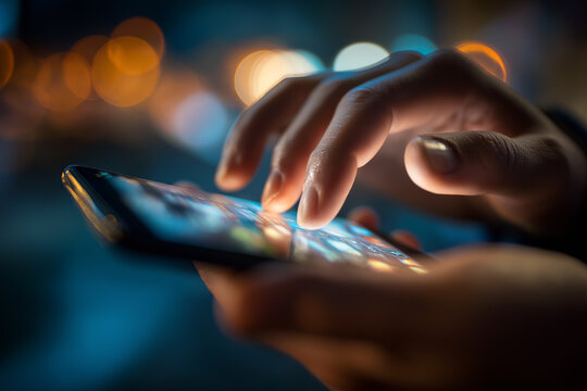 Hands use a glowing smartphone at night against a blurry bokeh background. Symbolizes digital connection, technology, communication, and modern-day life.

