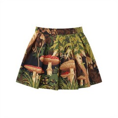 A colorful skirt featuring a whimsical mushroom pattern surrounded by greenery, showcasing a unique and artistic design.