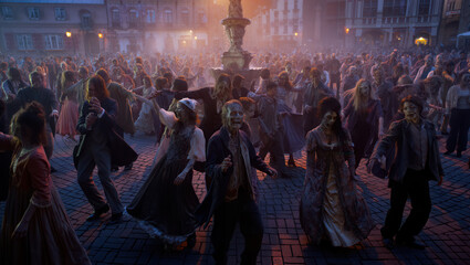 Undead Parade in Cobblestone Square with Moody Atmosphere