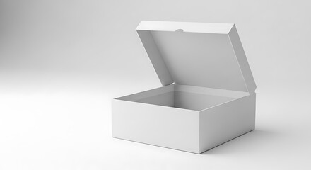 Open white box on a white surface, simple design.