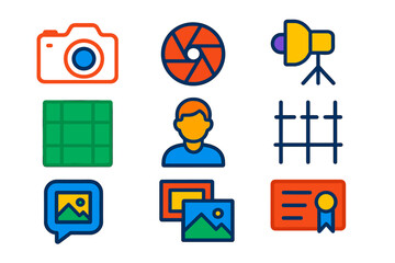 Photography Course Icons. Flat vector icons of photography courses: DSLR camera outline, aperture diagram, lighting setup icon,