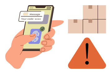 Hand holds smartphone with code verification screen and fingerprint scanner. Nearby, cardboard boxes and a warning sign suggest security, logistics, and delivery issues. Ideal for authentication