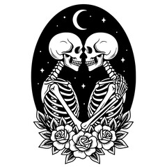 Two kissing skeletons with roses under a crescent moon, gothic, romance, Halloween, love, dark