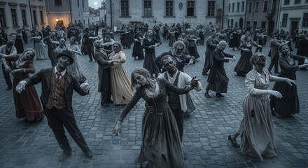 Zombie Dance in Vintage European Street with Historical Costumes