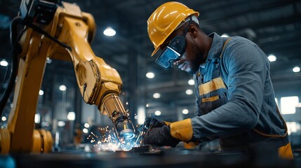 Engineers maintain robotic arm in factory warehouse Testing automation with welding machine Industrial teamwork of specialists drives innovation