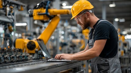 Factory scene automation engineer programs robotic arm using laptop Symbol of new automatic manufacturing industry era and smart technology integration