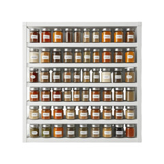 Organized spice jars, white rack, kitchen, culinary background, food blog