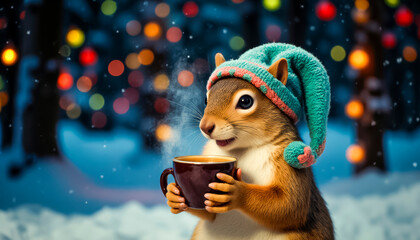 A cute squirrel in a funny knitted hat with a cup of aromatic drink in her paws. Christmas magical forest. Fairytale atmosphere of New Year and Christmas.