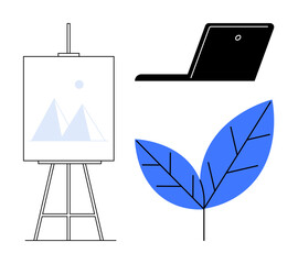 Easel with geometric artwork, sleek laptop, and vibrant blue leaf emphasizing creativity and balance. Ideal for innovation, creativity, design, environment, education, tech synergy simple flat
