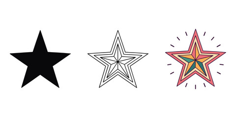 Three distinct star icons featuring solid black intricate line art and abstract design vector