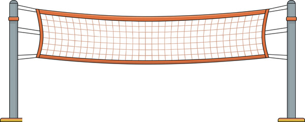 Cartoon volleyball net, sports equipment, orange grid mesh, reinforced edges, anchored poles, flat surface setup, vector illustration, training gear, outdoor activity © Momotaj Contributor