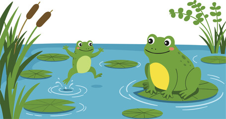 Cartoon pond scene, frogs on lily pads, jumping frog, ripples, aquatic plants, cattails, playful nature, vector illustration, kids content, cheerful design