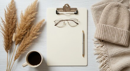 Cozy autumn flat lay with coffee notebook glasses and knitwear isolated on white background
