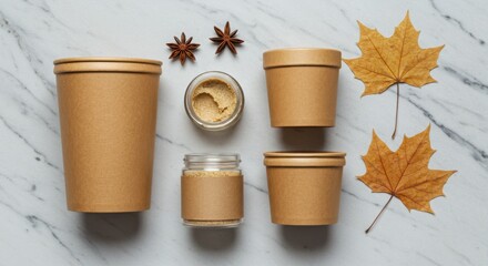 Autumnal arrangement of kraft paper cups jars and star anise isolated on white background