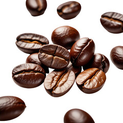 Roasted coffee beans falling, dark background, food photography, packaging