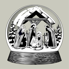 Glass snow globe with a scene of the Nativity of Christ and the adoration of the Magi in vintage engraving and linear style in black and white colors. Vector illustration