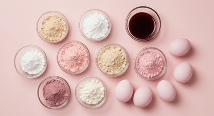 Collection of colorful powders and eggs for easter egg dyeing isolated on white background