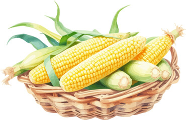 Basket with corn cobs watercolour vector illustration.