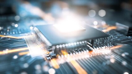 Macro view of a computer circuit board with a central chip and luminous pathways - Powered by Adobe