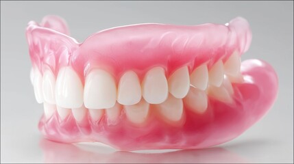 Obraz premium Artificial dentures with white teeth and pink gums isolated on clean background symbolizing dentistry oral care prosthetics hygiene and dental health, Generative AI
