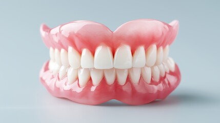 Obraz premium Artificial dentures with white teeth and pink gums isolated on clean background symbolizing dentistry oral care prosthetics hygiene and dental health, Generative AI