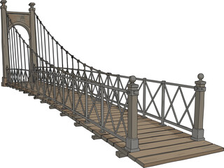 Suspension bridge vector illustration, wooden planks, arched towers, support cables, metal railings, cartoon style, 3D design, infrastructure concept, outdoor structure