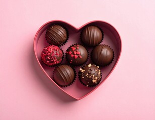 Delightful selection of gourmet dark chocolate truffles, some with sprinkles and nuts, is beautifully arranged inside a pink heart shaped gift box on a soft pink surface.
