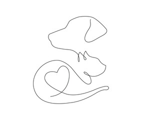 One continuous line drawing of dog and cat animal pets illustration Editable Stroke