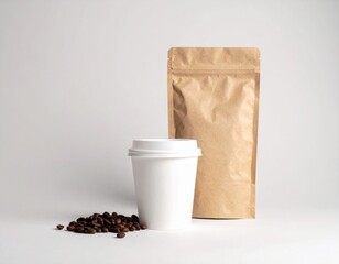Fresh roasted coffee beans are neatly placed beside a disposable white cup and a brown craft paper packaging pouch on a light studio background.