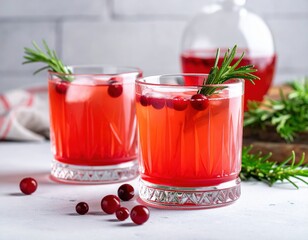 Two clear glasses hold vibrant red cranberry drinks with ice, garnished beautifully with fresh green rosemary sprigs and ripe red berries, sitting elegantly on a light table.