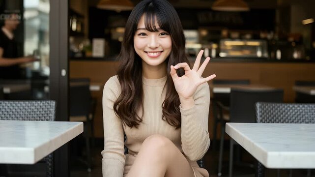 Young woman smiling and making an 'OK' gesture while seated in a cozy caf? with blurred background activity - Powered by Adobe
