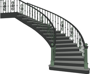 Curved staircase vector illustration, ornate railing, green balusters, dark steps, decorative newel posts, 3D architectural design, interior structure, elegant style