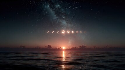   A stunning skyline with the sun rising above the water and a celestial canopy overhead