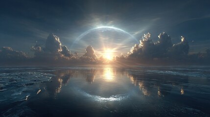   The sun illuminates the vast body of water with ice in the foreground while shining through the clouds above