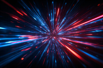 A dynamic explosion of neon lines and particles. An abstract background for a banner or wallpaper. Bright blue and red glowing rays spreading in all directions. Digital abstract art
