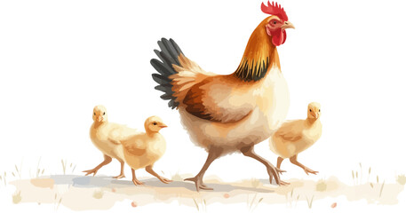 Fototapeta premium Watercolor vector illustration a hen with chickens.