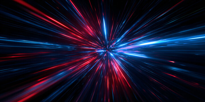 A dynamic explosion of neon lines and particles. An abstract background for a banner or wallpaper. Bright blue and red glowing rays spreading in all directions. Digital abstract art