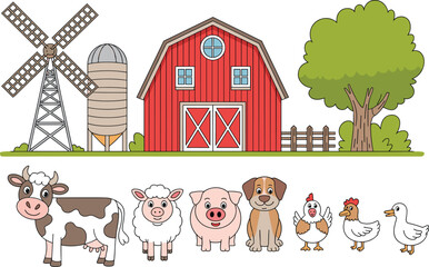Farm vector illustration, cartoon animals, red barn, windmill, silo, tree, fence, green field, countryside scene, playful style, children design