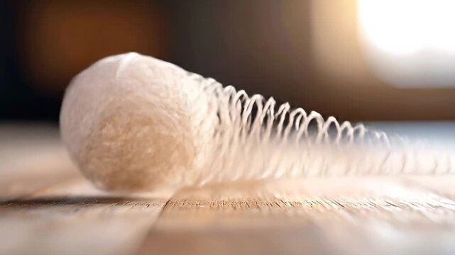 Tangled String Ball on Wooden Surface.