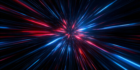 A dynamic explosion of neon lines and particles. An abstract background for a banner or wallpaper. Bright blue and red glowing rays spreading in all directions. Digital abstract art