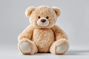 Obraz premium Cute fluffy teddy bear plush toy isolated on white background symbolizing childhood innocence comfort happiness softness friendship and adorable design, Generative AI
