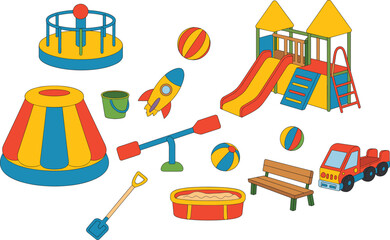 Playground vector illustration, colorful outdoor toys, children play area, sandbox, slides, seesaw, merry-go-round, fun elements, educational design, vibrant scene