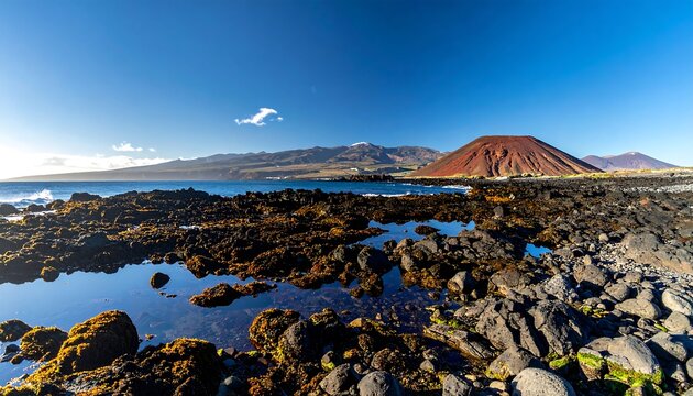 Coastal scene with volcanic rock pools and a red volcanic cone under a clear sky - Powered by Adobe