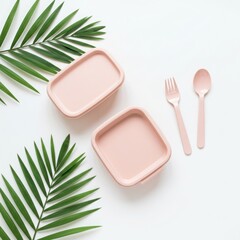 Two pink lunch boxes with a fork and spoon surrounded by green palm leaves isolated on white background