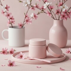 Delicate pink skincare jar with cherry blossoms and white mug isolated on white background
