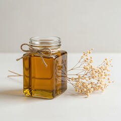 Square glass jar filled with golden liquid and tied with twine next to dried flowers isolated on white background