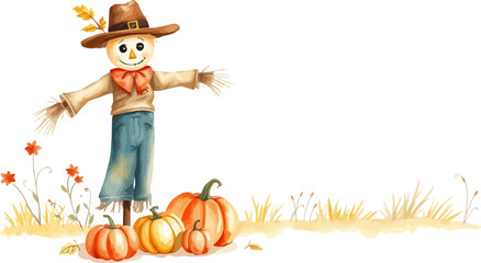 Watercolor vector illustration of a scarecrow.