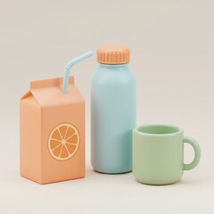 Cute pastel colored juice box bottle and mug with orange slice design isolated on white background