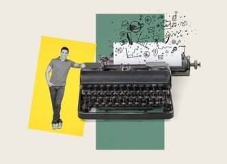 Composite collage of funny man and typewriter